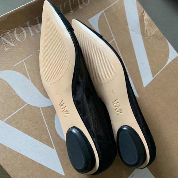 NEW ZARA BLACK MESH SUEDE POINTY BALLET HEEL FLATS - Picture 3 of 7